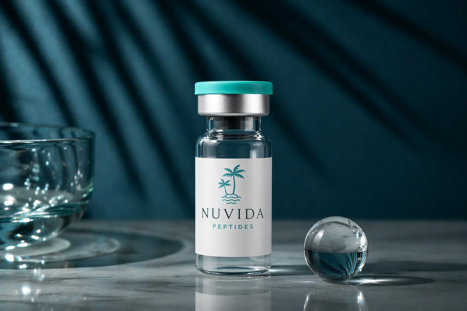 Official Nuvida peptide vial in a dark glass clinical setting