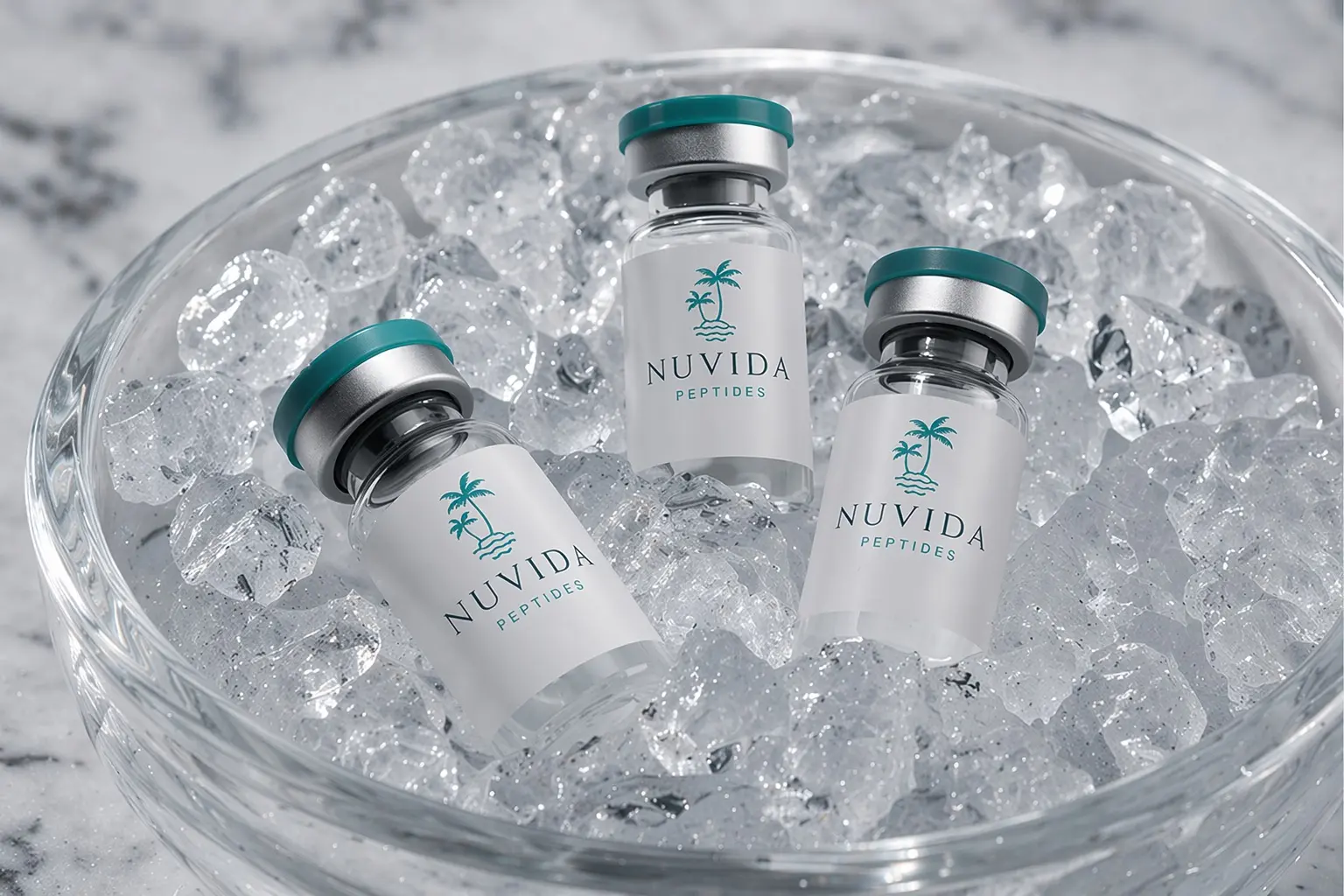 Nuvida peptide vials arranged on ice